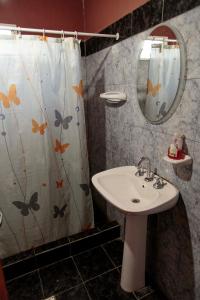 baño con lavabo y cortina de ducha con mariposas en Los Abuelos Departamentos en Tafí del Valle