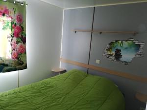 a bedroom with a green bed and a painting on the wall at Zénitude in Saint-Chéron