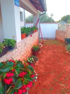 a garden with red flowers and a brick wall at Apartman Josipa in Peroj