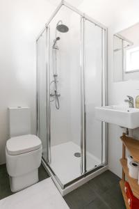 a bathroom with a shower and a toilet and a sink at Calçada 14 in Óbidos