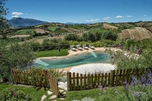 a backyard with a pool with chairs and a fence at Agriturismo Emidio Pepe in Torano Nuovo