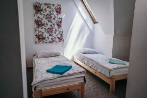 two twin beds in a room with a window at Międzynarodowe Schronisko Młodzieżowe PTSM Szarotka in Zakopane