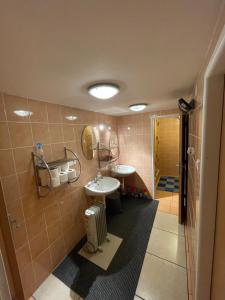 La salle de bains est pourvue de 2 lavabos et d'un miroir. dans l'établissement Chata Matičiar, à Martin