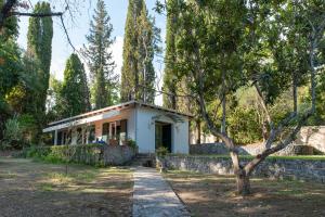 a house in the woods with a stone wall at Villa Dafnies in Ágios Prokópios