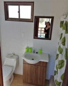 a bathroom with a sink and a toilet and a mirror at La Tribu Ecolodge y Camping in Algarrobo
