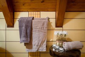 a bathroom with towels hanging on a wall at Holiday home Riverside in Delnice