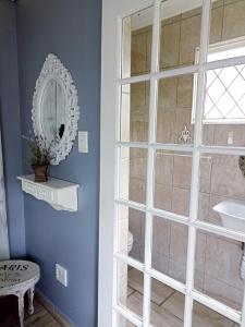 a bathroom with a shower and a mirror at le'Cottage on Raymond in Scottburgh