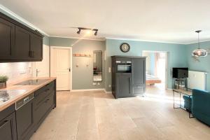 a large kitchen with blue walls and a counter at Dünenschloss Dünenschloss 2-16 in Kühlungsborn
