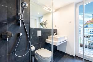 ein Badezimmer mit Dusche, Toilette und Waschbecken in der Unterkunft Apartmentanlage Meerblickvilla Apartmentanlage Meerblickvilla 2-18 in Großenbrode