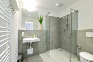 Un baño con ducha, lavabo e inodoro. en Aparthotel Anna Düne Aparthotel Anna Düne 1-18, en Wangerooge