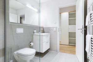 a bathroom with a toilet and a glass shower at Ferienapartments am Krusespeicher Ferienapartments am Krusespeicher 2-16 in Wismar +14 photos