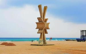 a sculpture on a beach with the ocean in the background at VILA HAVEN - Camere de inchiriat in Costinesti