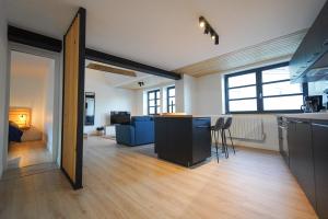 Zimmer mit Küche und Wohnzimmer in der Unterkunft La Villa Bérénice - "Le Duplex" en coeur de ville in Saint-Amand-les-Eaux + 7 Fotos