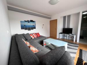 ein Wohnzimmer mit einem Sofa und einem Tisch in der Unterkunft Apartment Popeye in Makarska
