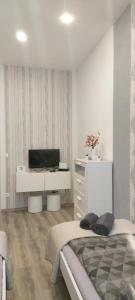 1 dormitorio con 1 cama y vestidor con TV en Pompár Belvárosi Apartman, en Szeged