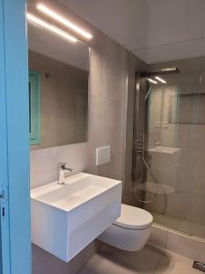a bathroom with a sink and a toilet and a mirror at The Dice in Pachaina