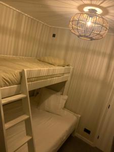 een kamer met 2 stapelbedden en een kroonluchter bij Appartement Het Bovenhuys in Baflo