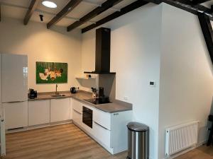 a kitchen with white cabinets and a stove at Beautiful apartment with covered terrace, in a holiday park near Rhenen in Elst
