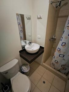 uma casa de banho com um WC, um lavatório e um espelho. em Departamento amoblado en condominio - 5to piso em Tacna