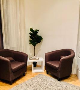 a living room with two chairs and a potted plant at Diamond in Budapest