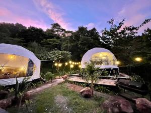 - deux dômes dans un jardin la nuit dans l'établissement Blackwood Nature Villa with Pool and Trail, à Tanay