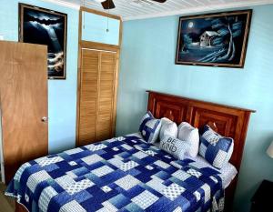 a blue bedroom with a blue and white bed at Dawson’s Hideaway in Nassau