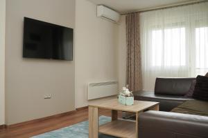 een woonkamer met een bank en een tv aan de muur bij The Pearl of Zsofia in Esztergom