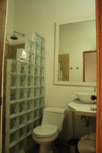 a bathroom with a toilet and a sink and a mirror at Casa Del Tejadillo in Cartagena de Indias