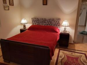a bedroom with a large red bed with two lamps at Small Friendly Apart In a Villa - New Cairo 5th Settlement in Cairo
