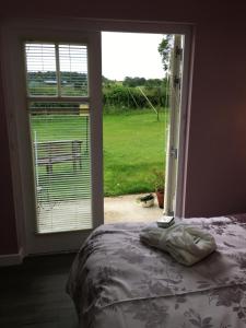 a bedroom with a bed and a large window at Ben Lomond Cottage in Gartocharn