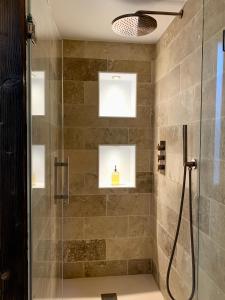 een badkamer met een douche en een glazen deur bij The Loft, by So & Dam’s in Thonon-les-Bains