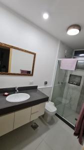 La salle de bains est pourvue d'un lavabo, de toilettes et d'un miroir. dans l'établissement Copacabana Front beach 2, à Rio de Janeiro