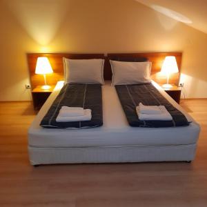 two beds in a bedroom with two lamps on both sides at Studio Villa Park 410 in Borovets