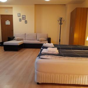 una habitación con dos camas y un sofá en Studio Villa Park 410, en Borovets