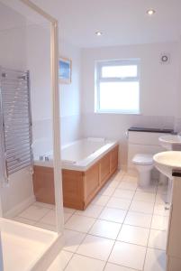 a bathroom with a tub and a toilet and a sink at Puffin Hot tub Lodge, 4 bedrooms Resort, Pool,Gym,Bar in Padstow