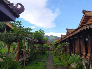 a path between houses with mountains in the background at Ndalem Setumbu in Magelang