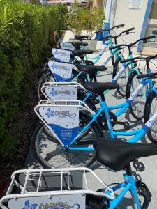 een rij blauwe fietsen geparkeerd naast elkaar bij B&B Campitur in Campomarino