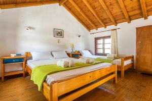 1 dormitorio con 2 camas con sábanas verdes en Ageri Studios, en Stafylos