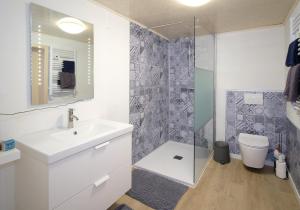 W łazience znajduje się umywalka, toaleta i prysznic. w obiekcie Chalet 2ch au bord de l’Ourthe w mieście Hotton