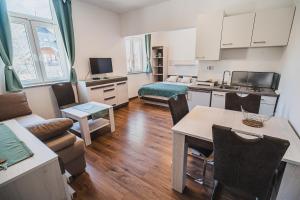a room with a kitchen and a living room at Studio CENTER in Zgornje Jezersko