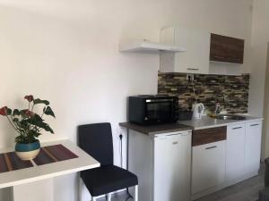 a small kitchen with a sink and a microwave at Apartman Arthur in Kikinda