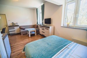 ein Schlafzimmer mit einem Bett, einem Sofa und einem TV in der Unterkunft Studio CENTER in Zgornje Jezersko