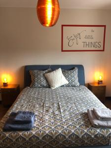 ein Schlafzimmer mit einem Bett mit zwei Lampen und zwei Handtüchern in der Unterkunft Il Pinguino d'Oro 