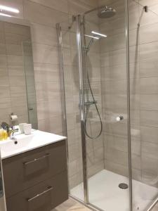 a shower with a glass door next to a sink at Bienvenue A La Campagne in Villers-sur-Port