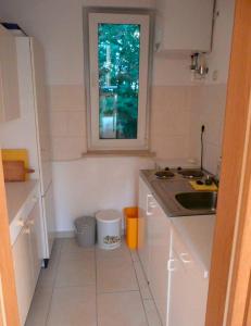 a small kitchen with a sink and a window at Ferienhaus am Krakower See in Kuchelmiß