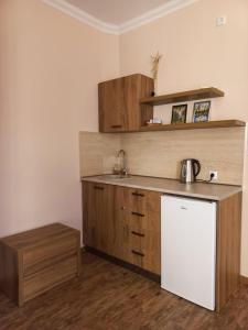 a kitchen with wooden cabinets and a white refrigerator at ANI-b in Sighnaghi +10 photos