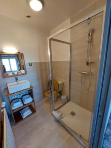 een badkamer met een douche en een wastafel bij L'Accent - Groupe Logis Hotels in Astaffort