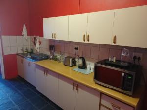 a kitchen with a counter top with a microwave at Karoo Refresh Cheerful 2 Bedroom House in Oudtshoorn