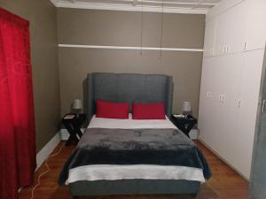 a bedroom with a bed with two red pillows at Karoo Refresh Cheerful 2 Bedroom House in Oudtshoorn