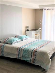 1 dormitorio con 1 cama grande y escritorio en Studio indépendant avec entrée privée, en Saint-Jean-de-Muzols